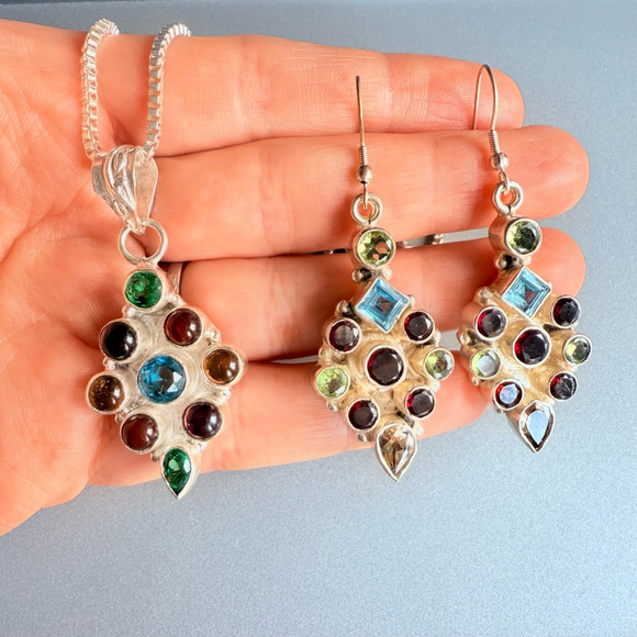 Multi Color Gemstones Sterling Silver Rhombus Boho Dangle Earrings, Neck… - Picture 2 of 12